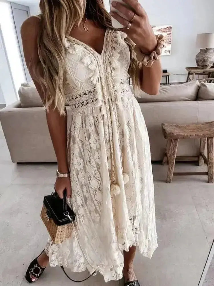 Vestido Largo de Playa Sexy | Vestido de Verano con Encaje y Escote en V para Mujer MaDaJo