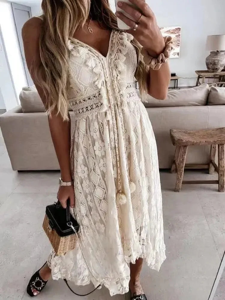 Vestido Largo de Playa Sexy | Vestido de Verano con Encaje y Escote en V para Mujer