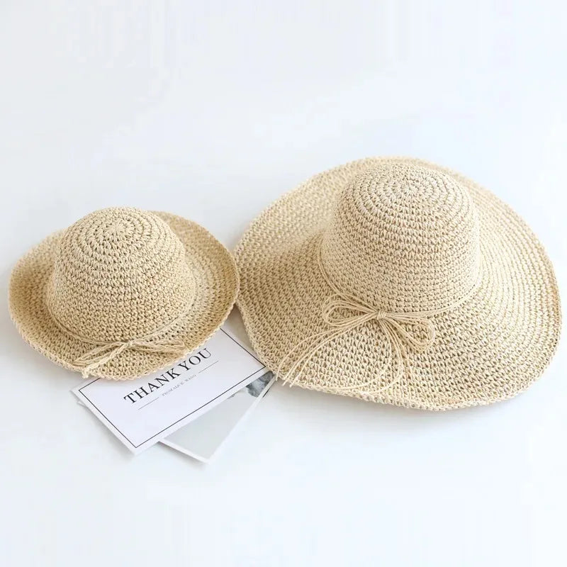 Mom and Daughter Beach Fisherman's Cap Parent-child Straw Hat Spring Summer New Girl Casual Solid Foldable Big Brim Holiday Hats