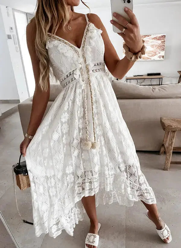 Vestido Largo de Playa Sexy | Vestido de Verano con Encaje y Escote en V para Mujer MaDaJo