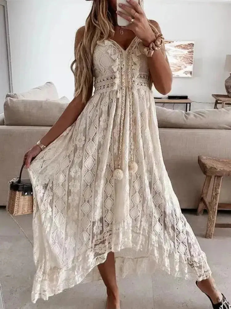 Vestido Largo de Playa Sexy | Vestido de Verano con Encaje y Escote en V para Mujer MaDaJo