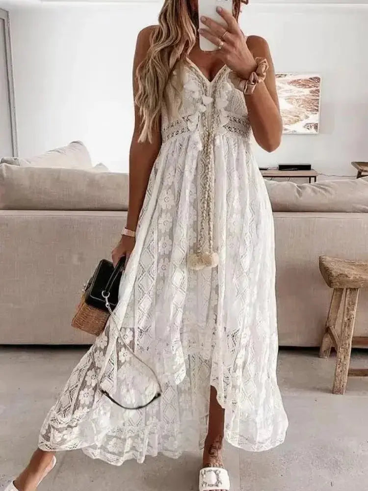 Vestido Largo de Playa Sexy | Vestido de Verano con Encaje y Escote en V para Mujer MaDaJo