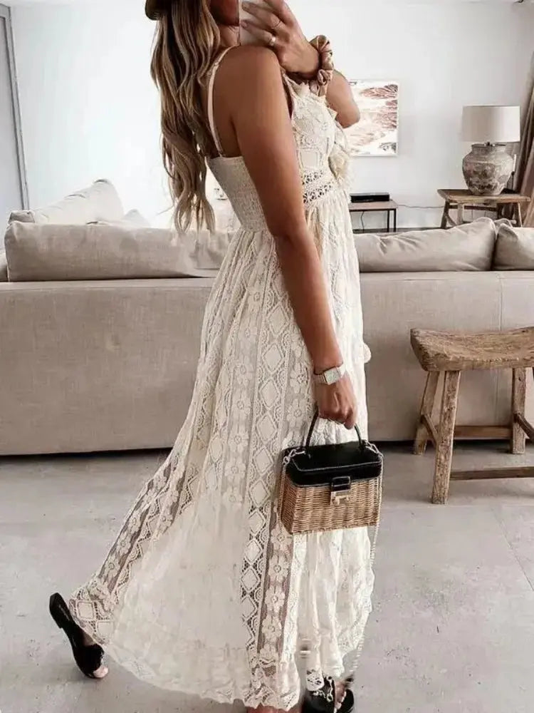 Vestido Largo de Playa Sexy | Vestido de Verano con Encaje y Escote en V para Mujer MaDaJo